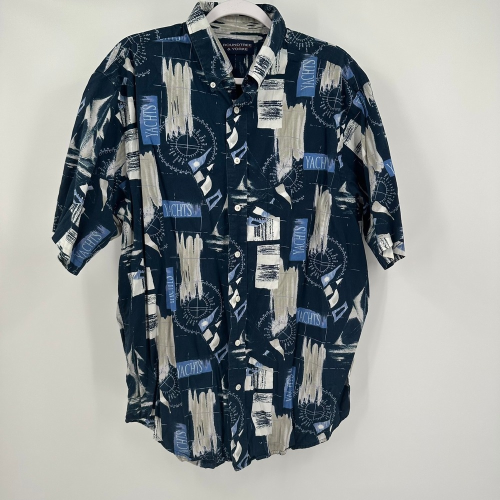 Roundtree & Yorke Mens Nautical Yacht Print Cotton Short Sleeve Shirt Size L